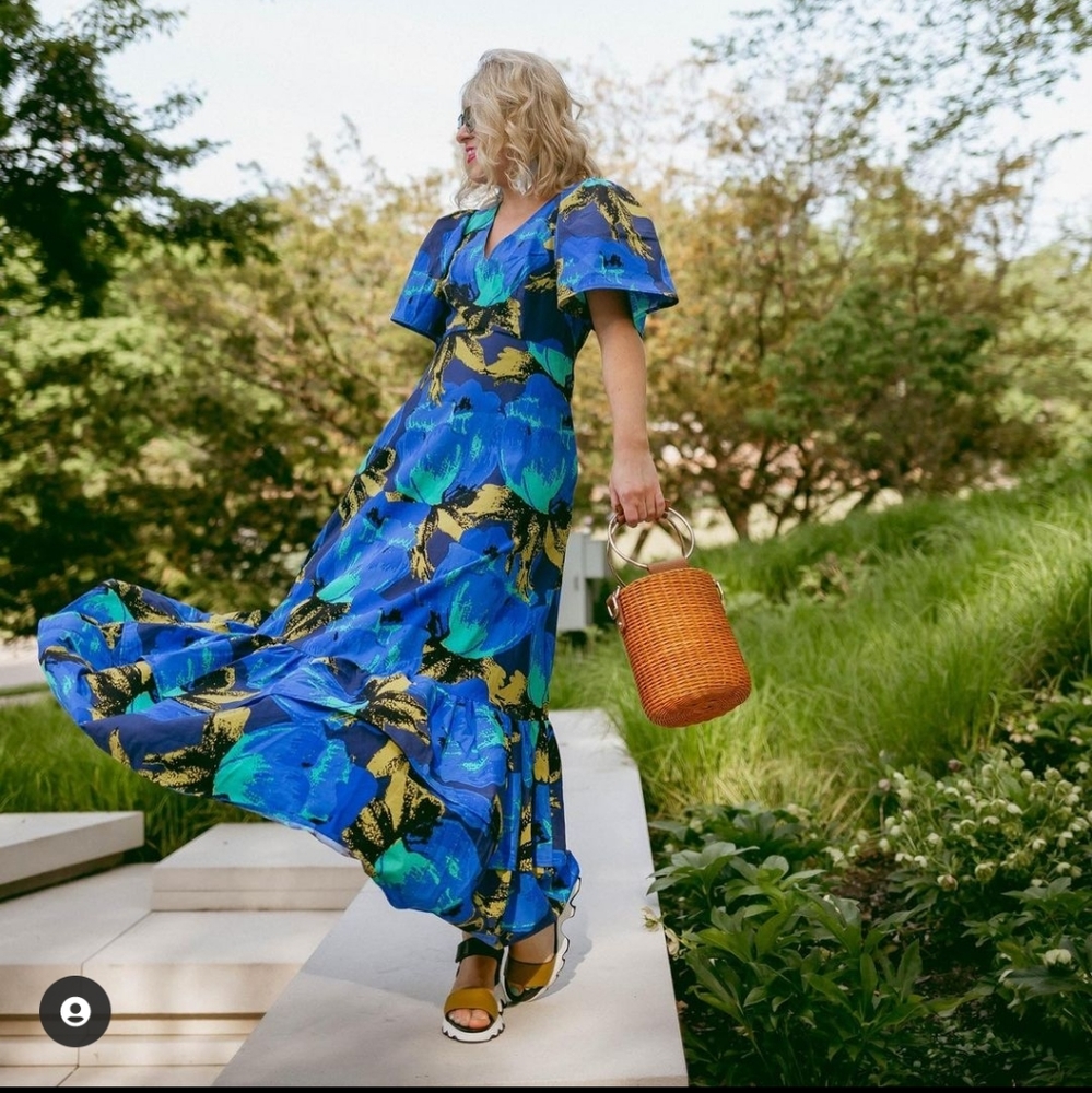 Christopher John Rogers Blue Floral Puff Sleeve